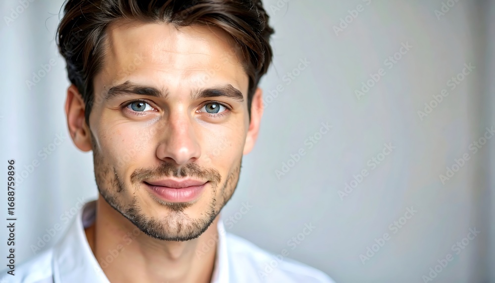 Obraz premium A close-up portrait of a fair-skinned man with light eyes and neatly styled brown hair. He is smiling slightly, appearing to be in a well-lit interio