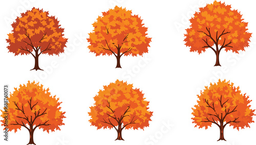 Set of six orange autumn trees illustration, fall foliage vector clipart, seasonal nature design, forest element for print, decor, background