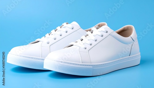 Pair of white sneakers on a bright blue background