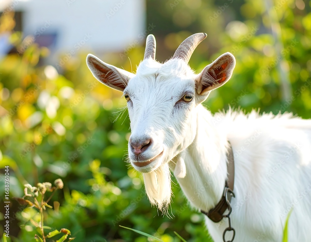 Obraz premium White goat in a garden setting