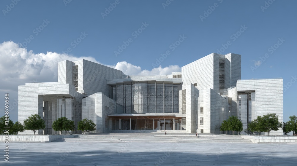 Fototapeta premium A striking cultural center showcases contemporary architecture with angular forms and large glass windows.