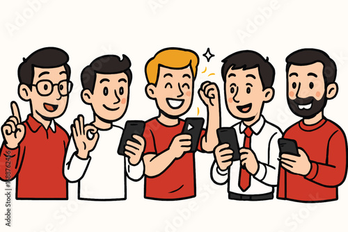 Group of men happily using their smartphones isolated on white background