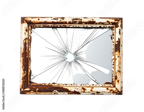 Shattered Glass in Rusty White Frame on Transparent Background