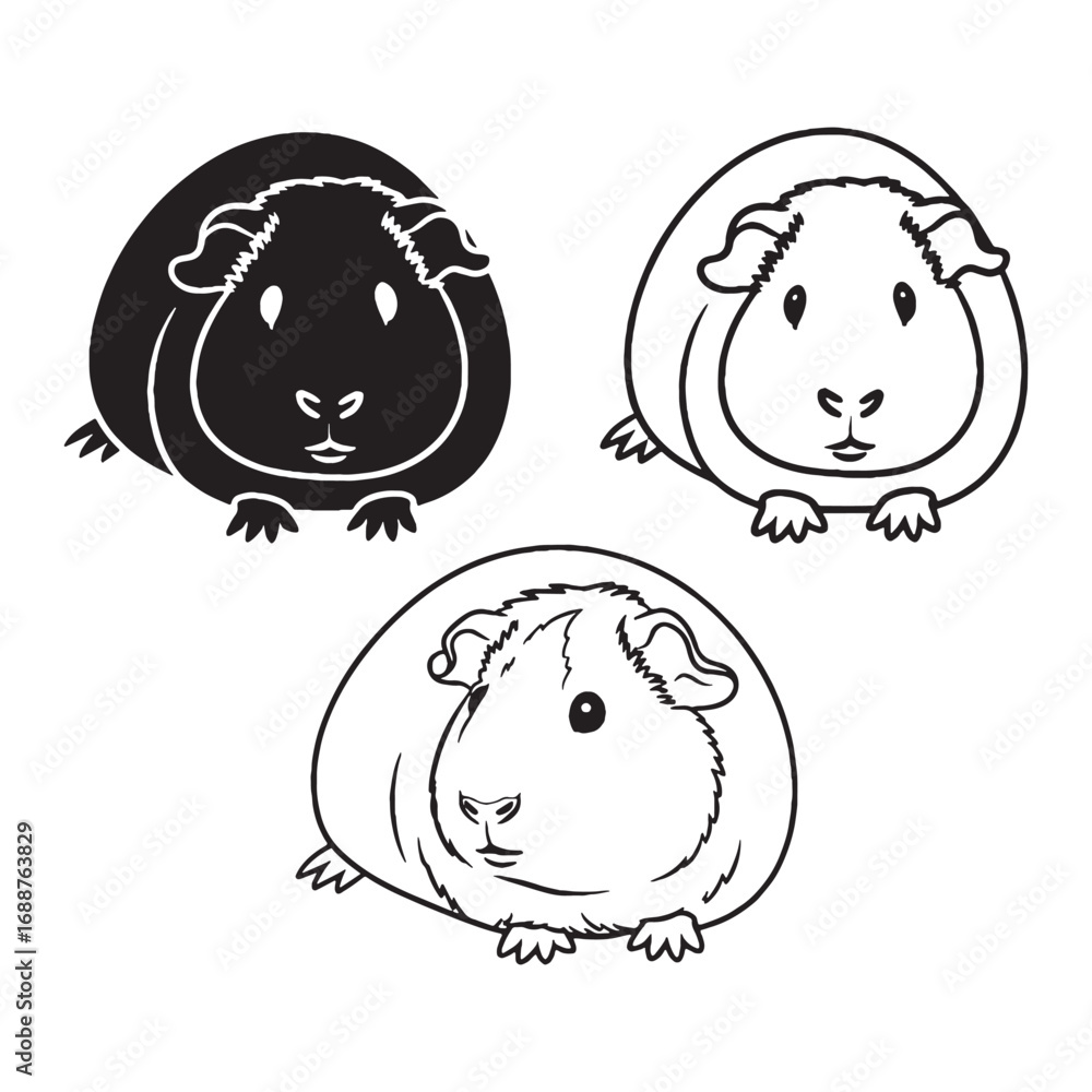 Obraz premium Flat Guinea Pig Silhouette & Guinea Pig Lineart – Guinea Pig Vector Image Featuring Simplified Geometry – Guinea Pig Illustration – Silhouette and Lineart Set of Guinea Pig