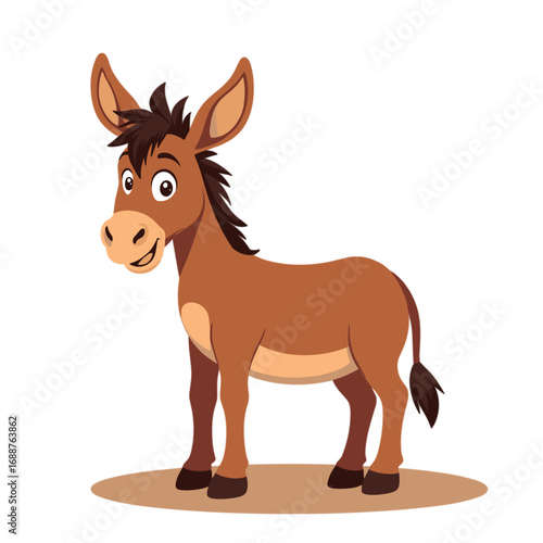 Cartoon donkey standing with a friendly expression on white background  