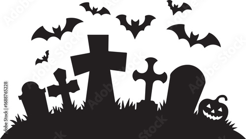 Spooky Graveyard Silhouette with Bats and a Jack-o'-Lantern for Halloween