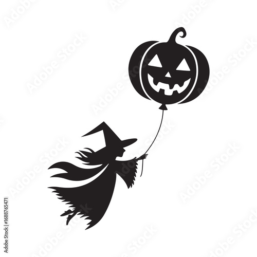 Witch Flying with Jack-o'-Lantern Balloon Silhouette - Spooky and Playful Halloween Celebration Graphic