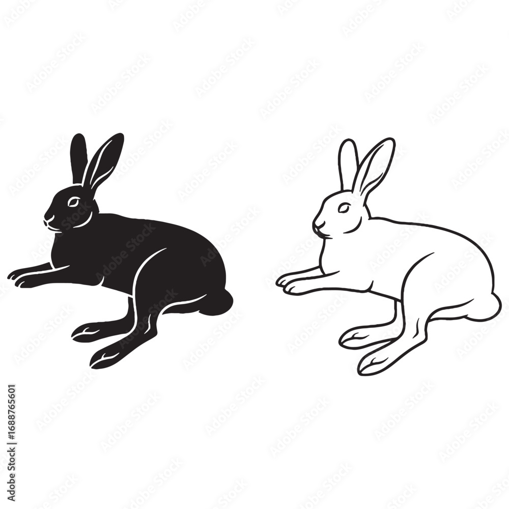 Fototapeta premium Contemporary Hare Silhouette & Hare Lineart – Hare Vector Composition in Modern Graphic Style – Hare Illustration – Silhouette and Lineart Set of Hare
