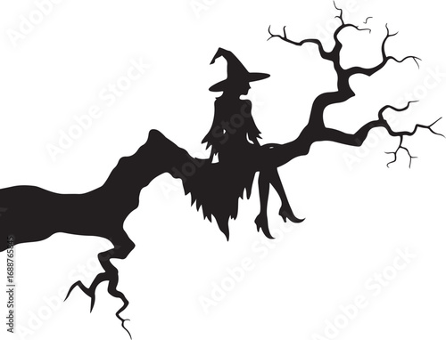 Spooky Witch Silhouette Sitting on a Spooky Halloween Tree Branch Silhouette