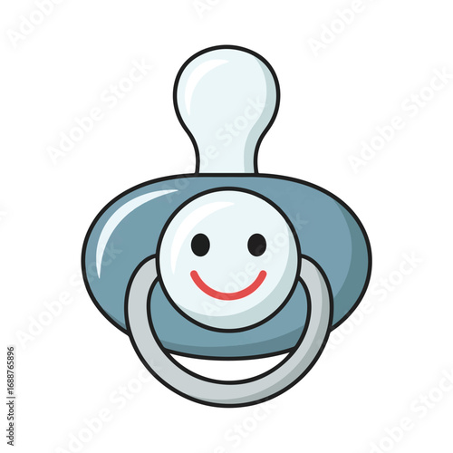 A cartoon illustration of a light blue baby pacifier with a white smiley face and handle, isolated on a white background.