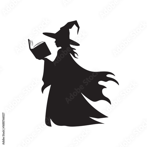 Mysterious Witch Reading a Spell Book Silhouette for Halloween