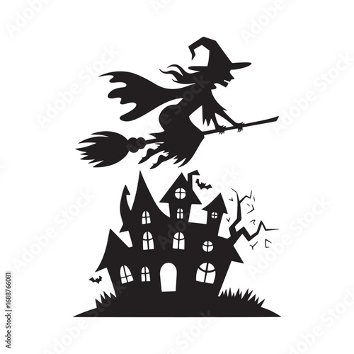 Flying Witch on a Broomstick over a Haunted House for Halloween