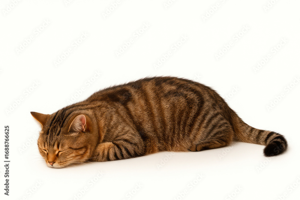 Fototapeta premium The cat sleeps on a white background. Space for text.
