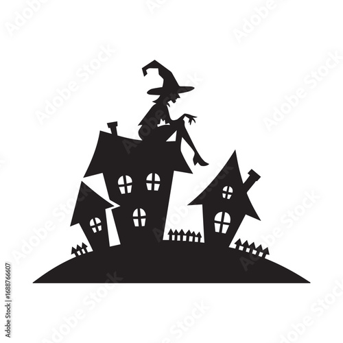 Witch Sitting on a Spooky Haunted Village for Halloween