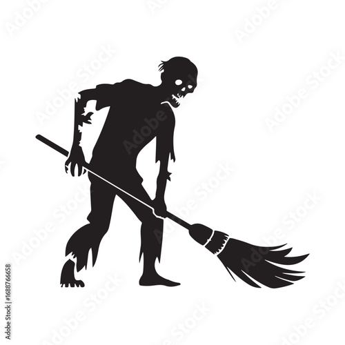 Spooky Zombie Sweeping with a Broomstick for Halloween