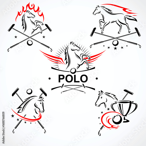 Horse polo labels and icon set. Collection icons horse polo. Vector