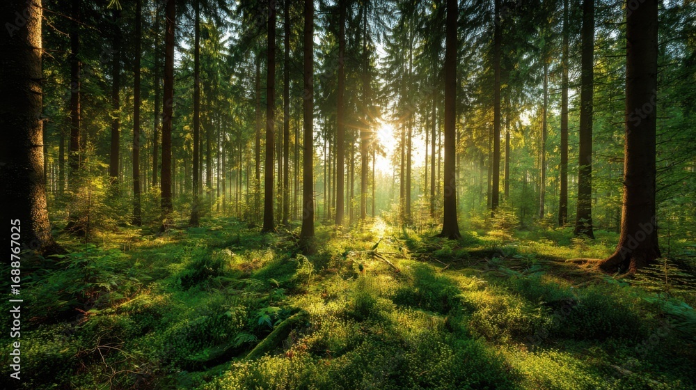 Fototapeta premium Warm sunlight pours through a canopy of tall trees, illuminating lush green foliage and soft moss on the forest floor in the early morning light.