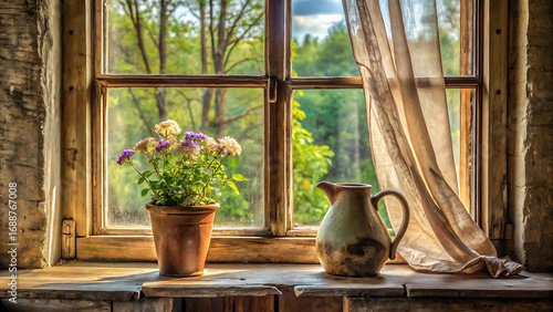 Fototapeta Naklejka Na Ścianę i Meble -  Faded Curtain Panel in Worn Rustic Window and Ceramic Pot Decoration
