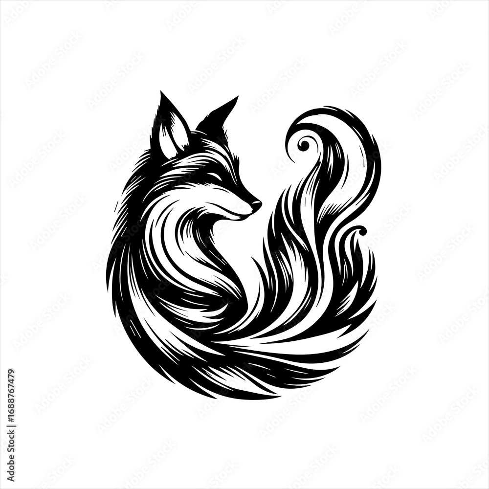 Obraz premium Stylized black and white fox illustration with swirling tail