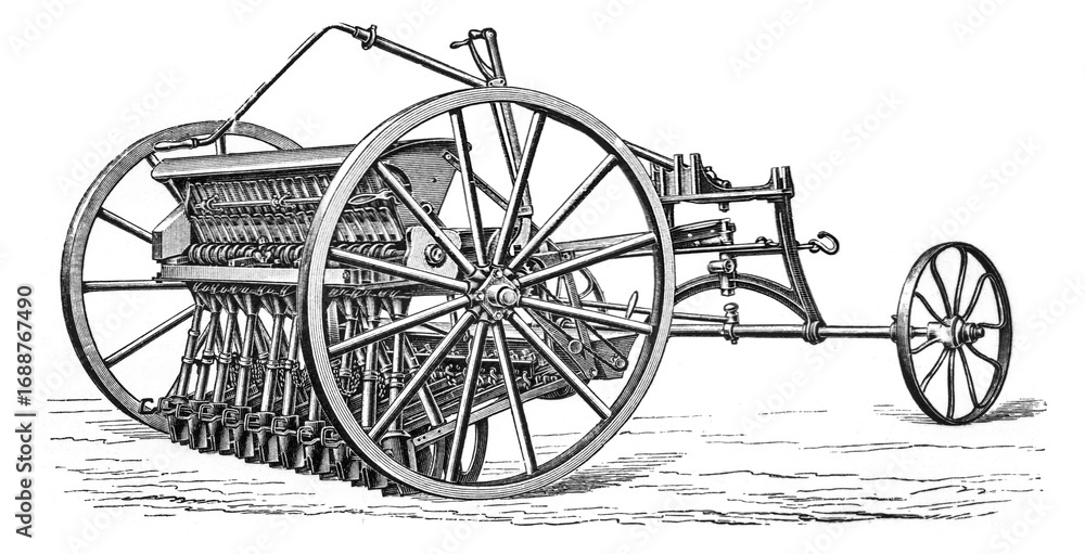 Fototapeta premium Seed drill, old vintage illustration, 1897