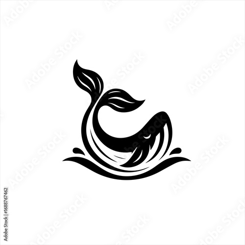Stylized black whale silhouette breaching in stylized water waves