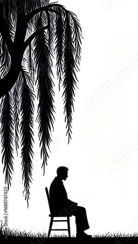 Silhouette of man under willow tree expressing loneliness and solitude in monochrome art