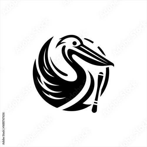Stylized black pelican logo design on white background