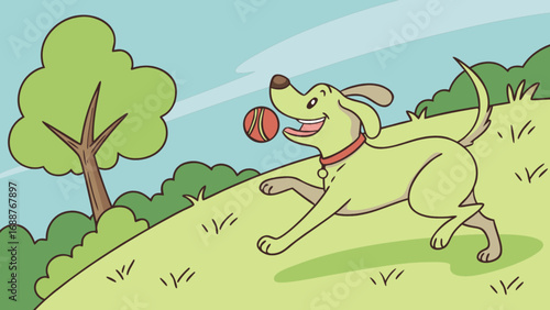 Cartoon dog playing fetch in a park vector illustration for kids and family friendly designs