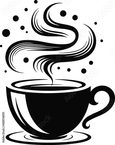 Hot steaming coffee cup, morning coffee drink, black tea icon, fresh brewed aroma, flat vector illustration, relaxing beverage symbol
