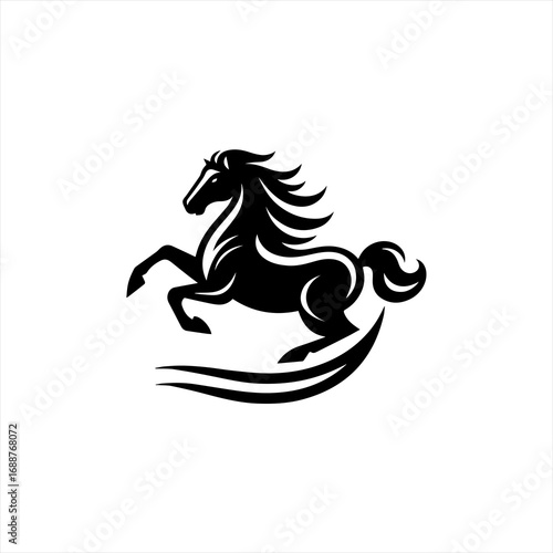 Stylized black horse rearing up on a white background