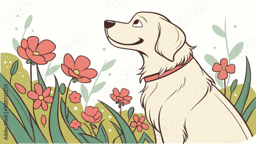 Cute golden retriever dog in a flower garden illustration vector art for pet lovers and animal themed designs