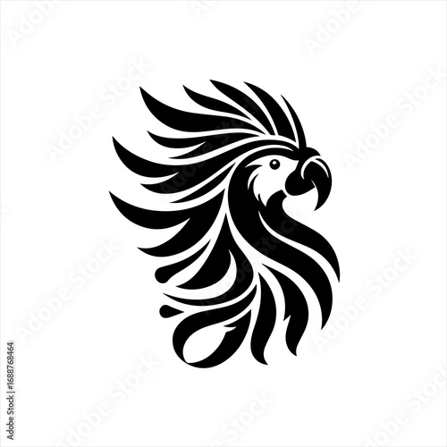 Stylized black parrot head with flowing feathers