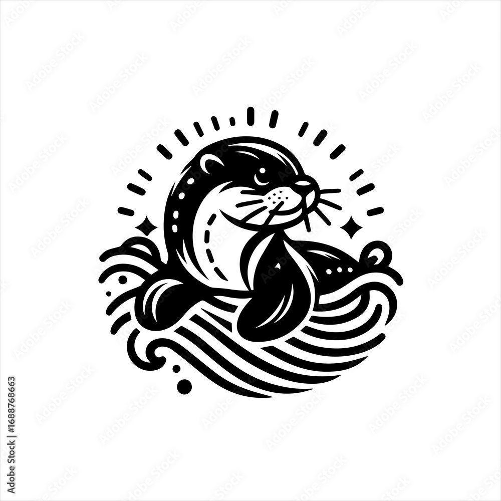 Fototapeta premium Cute otter swimming in stylized waves with sunburst effect