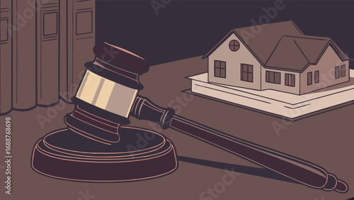 Auction gavel and house model legal concept illustration property law real estate house sale justice law court judge gavel hammer books documents contract agreement property house home ownership sale.