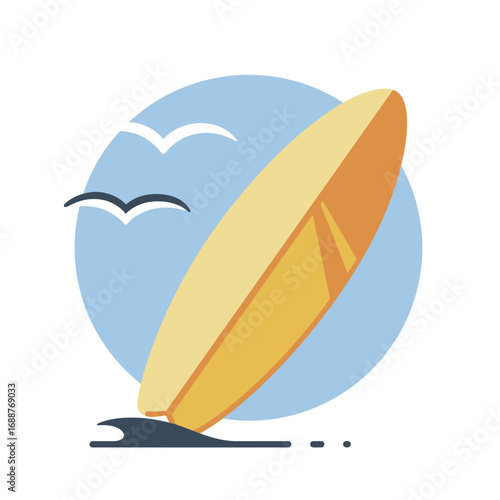 A stylized illustration of a yellow surfboard standing by the water with birds flying in a blue sky.