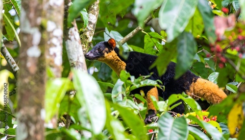 A small mammal in a jungle canopy