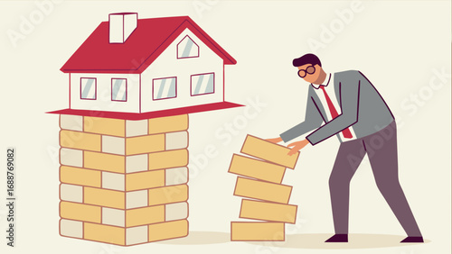 Building a Foundation Businessman Constructing a House on Bricks Illustration.