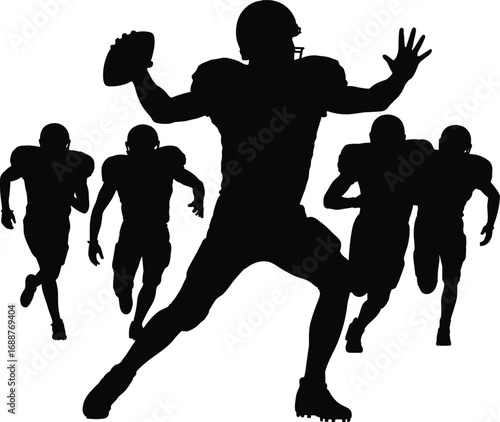Flat vector illustration of American football players silhouette, quarterback throwing football, team running, sports action, competitive game, athletic players, football match.
