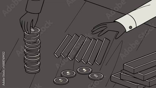 Business concept illustration Stack of coins domino effect and money boxes.