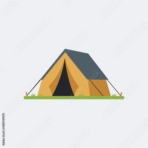 A simple, flat illustration of a yellow and gray camping tent pitched on green grass under a light gray background, suggesting outdoor adventure.
