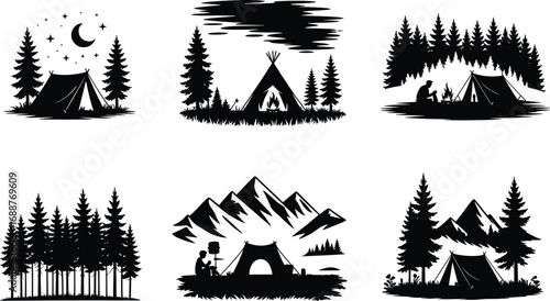 Flat vector illustration of camping scenes with tents, campfires, mountains, forest trees, night sky, and outdoor adventure silhouettes in nature setting.