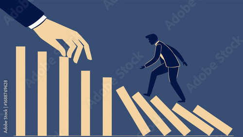 Businessman Navigating Falling Dominos Risk Management Corporate Challenge Instability Graphic Design Illustration.
