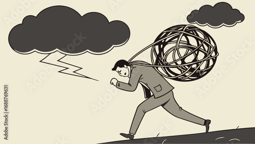 Businessman Carrying Heavy Burden Under Stormy Sky Illustration of Stress Overwork and Pressure.