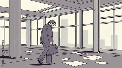 Businessman walking away from empty office carrying briefcase scattered papers on floor cityscape view from window modern architecture sadness depression job loss unemployment financial crisis leavin.