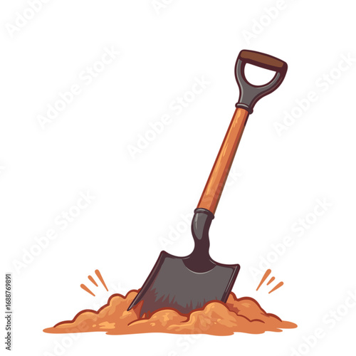 Shovel digging into soil with dirt flying in the air  