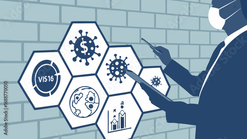 Businessperson analyzing virus impact on global economy financial data and statistics.