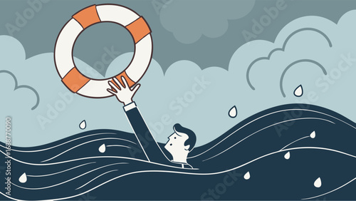 Businessperson reaching for life preserver in stormy sea help rescue survival business challenges metaphor concept art illustration.