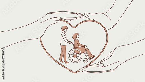 Caregiver assisting person in wheelchair heart shaped hands illustration disability support compassion healthcare concept.