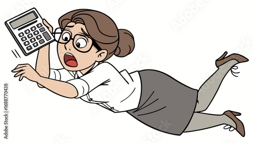 Cartoon illustration of a businesswoman falling while holding a calculator.