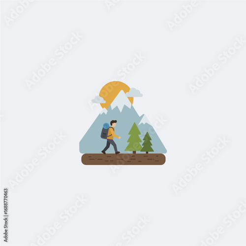 A flat design illustration of a male hiker with a backpack walking on a trail in a scenic mountain landscape under a bright sun.